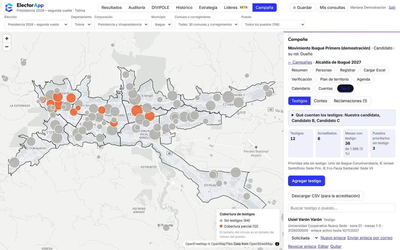 Módulo de día de elecciones de ElectorApp con testigos, conteo propio y cobertura de mesas