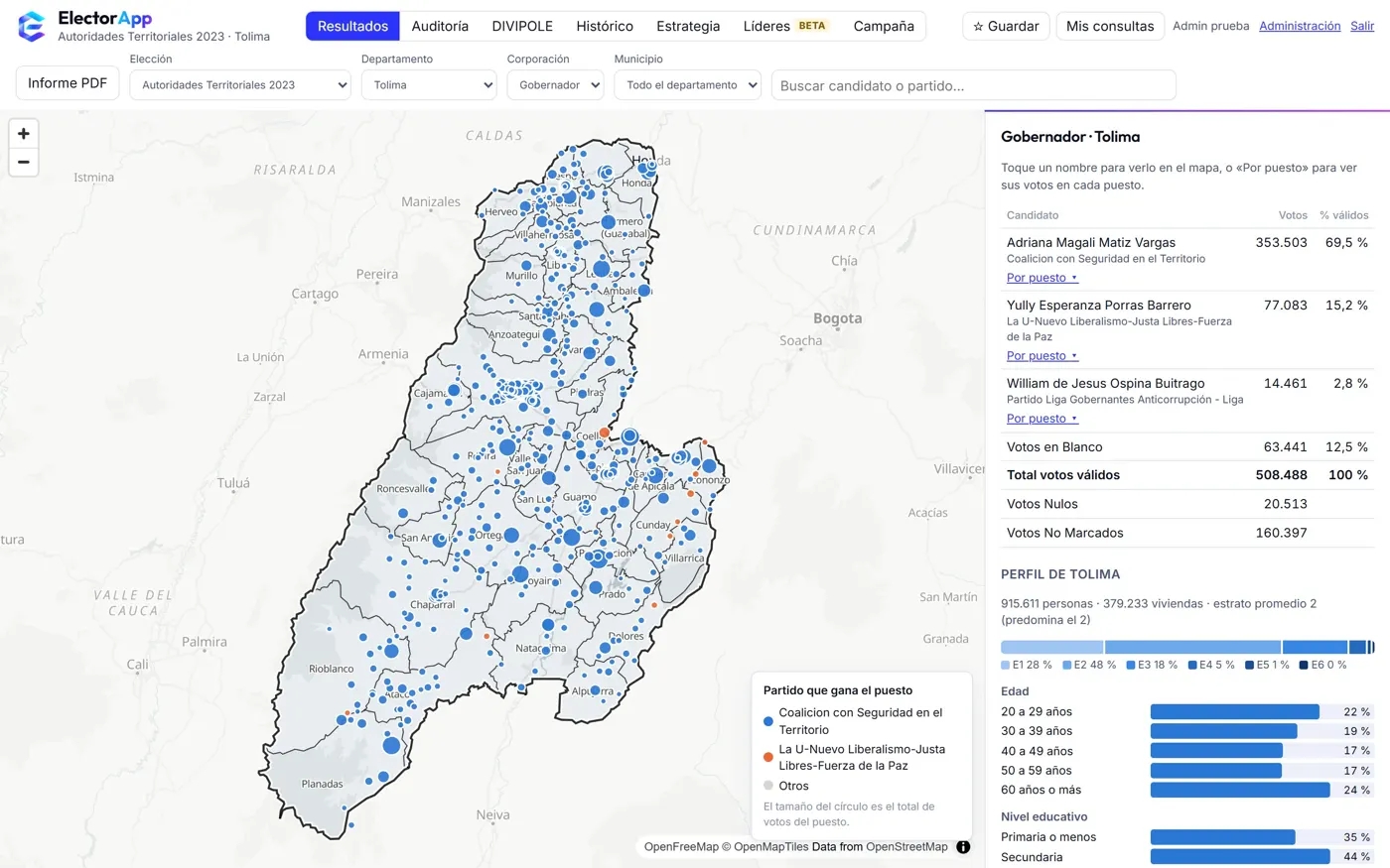 ElectorApp mostrando los resultados oficiales de la Gobernación del Tolima 2023 mesa a mesa en el mapa