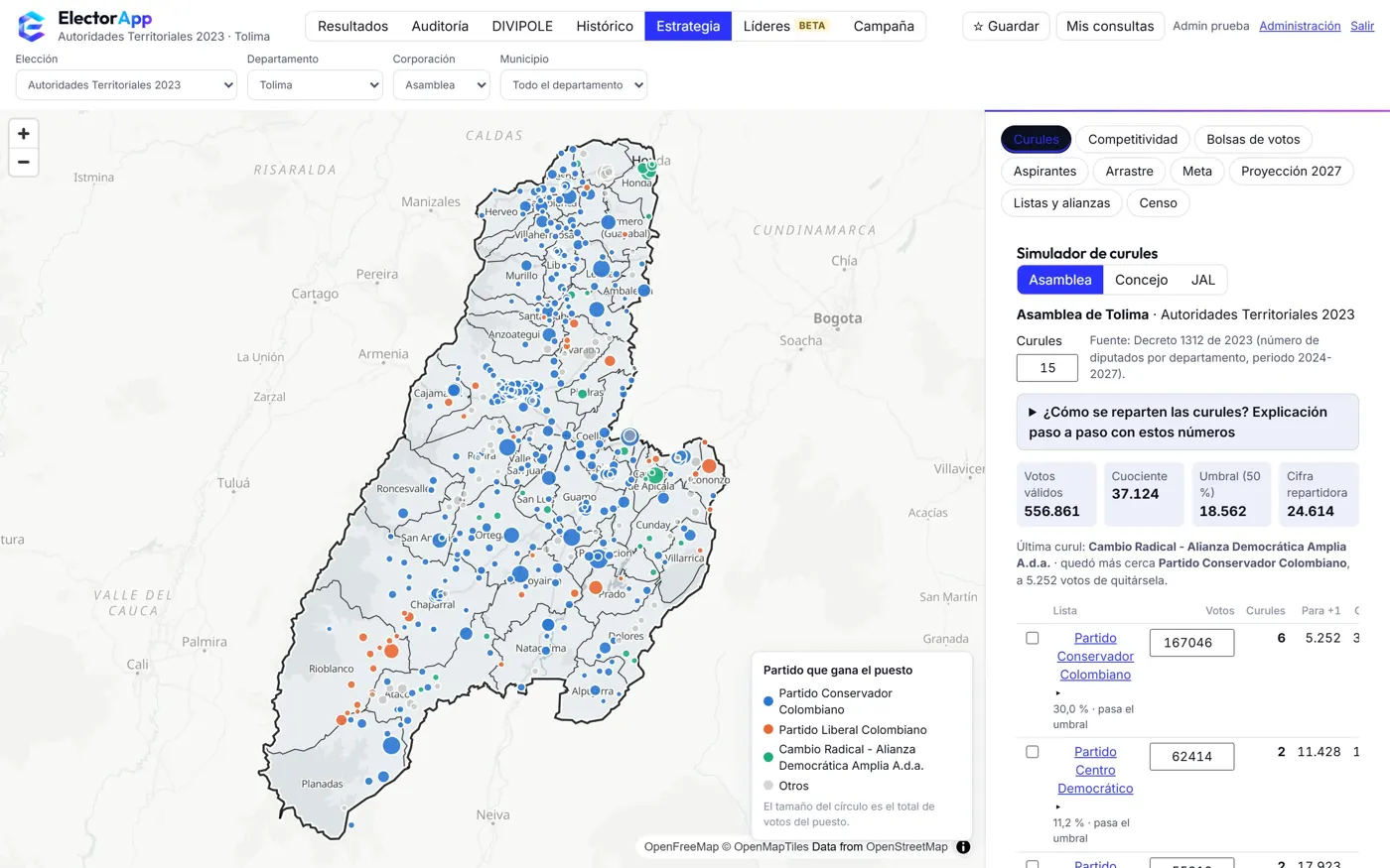 Simulador de curules de ElectorApp con la cifra repartidora de la Asamblea del Tolima